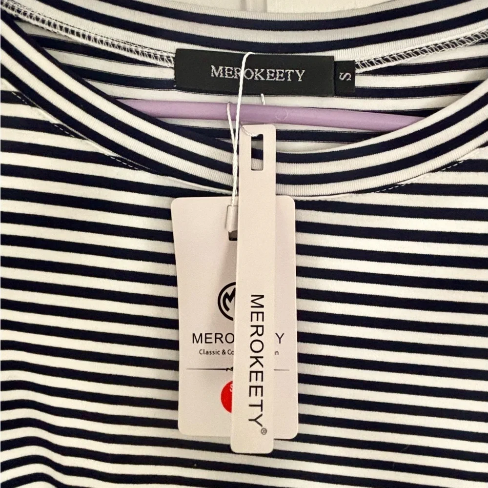 NWT Merokeety Blue White Striped Midi Dress Small Coastal Summer Vacation Dress - Picture 3 of 5